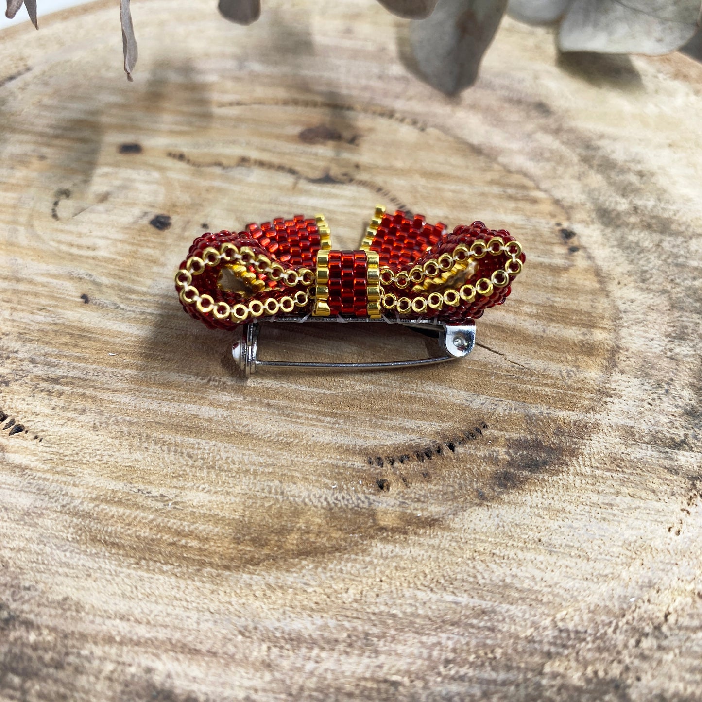 Red Bow Beaded Brooch