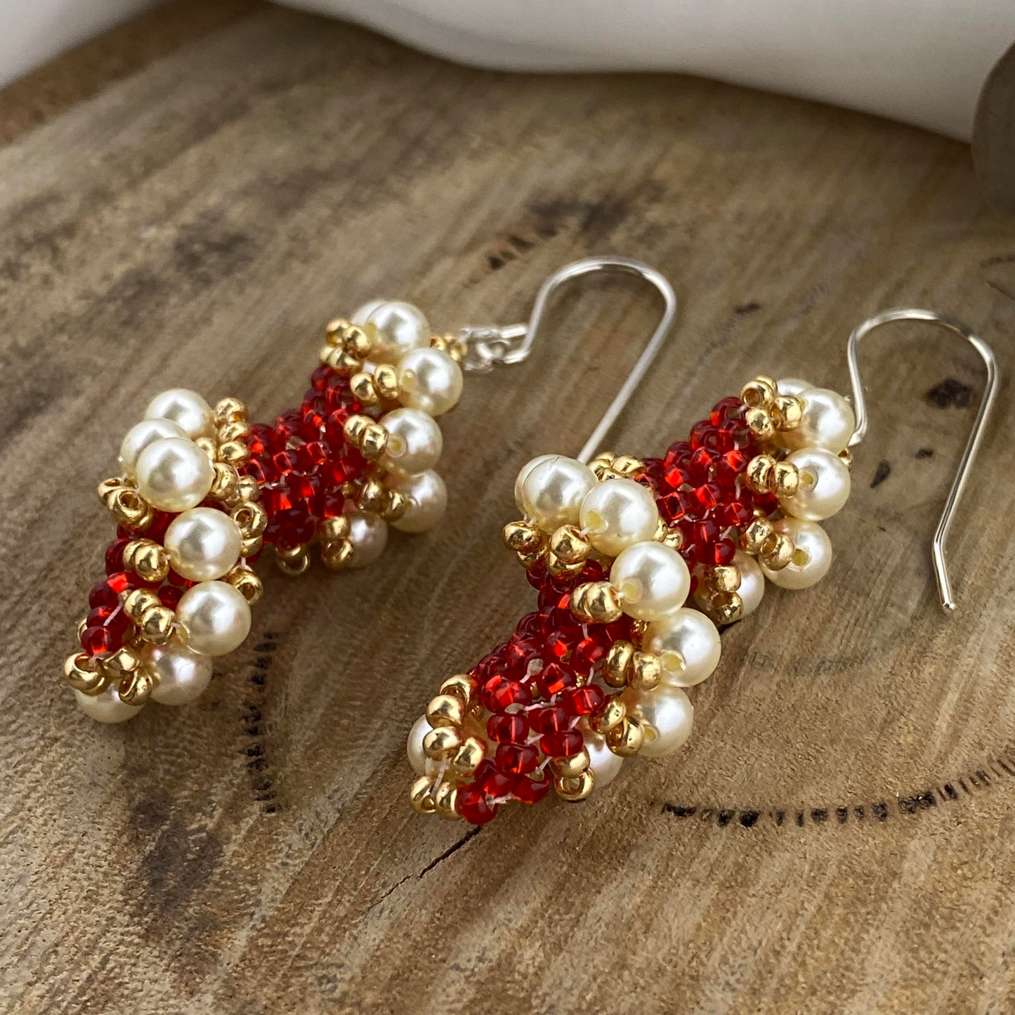 Spiral Beaded Earrings - Red & White