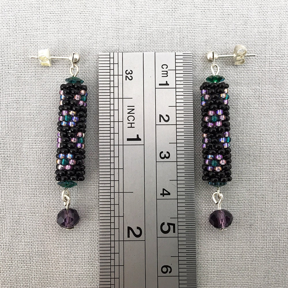Beaded tube earrings with flowers - green, black, purple