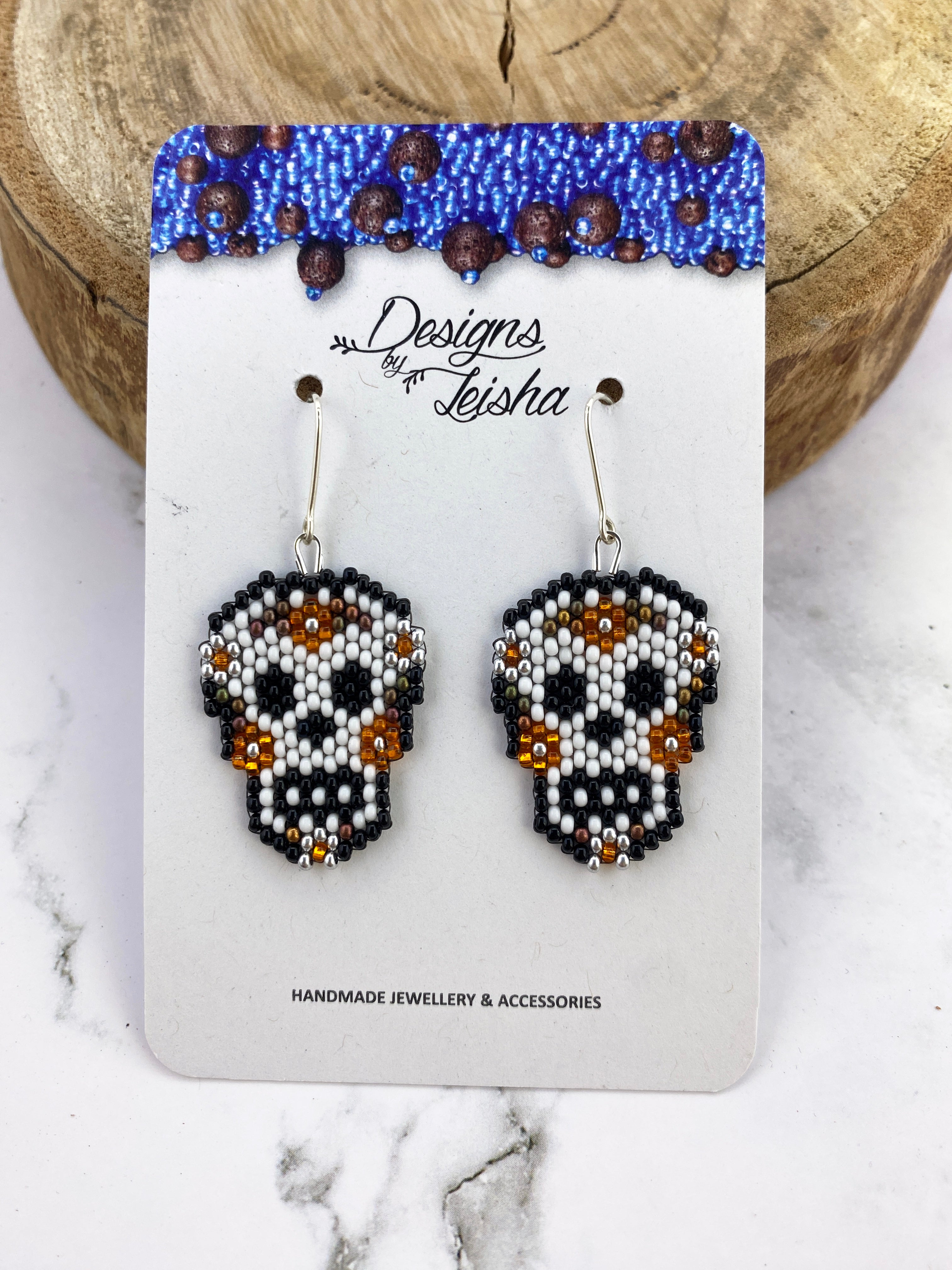 Skull with Flowers Beaded Earrings Designs by Leisha