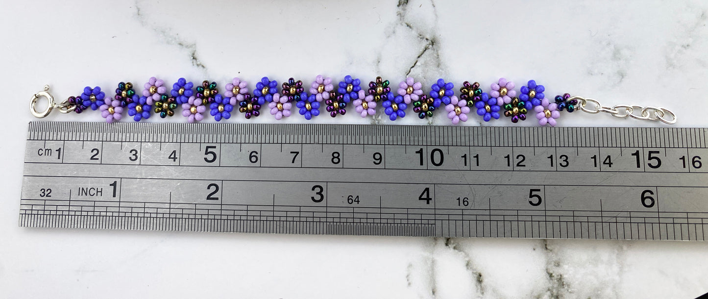 Purple Daisy Beaded Earrings & Bracelet Set