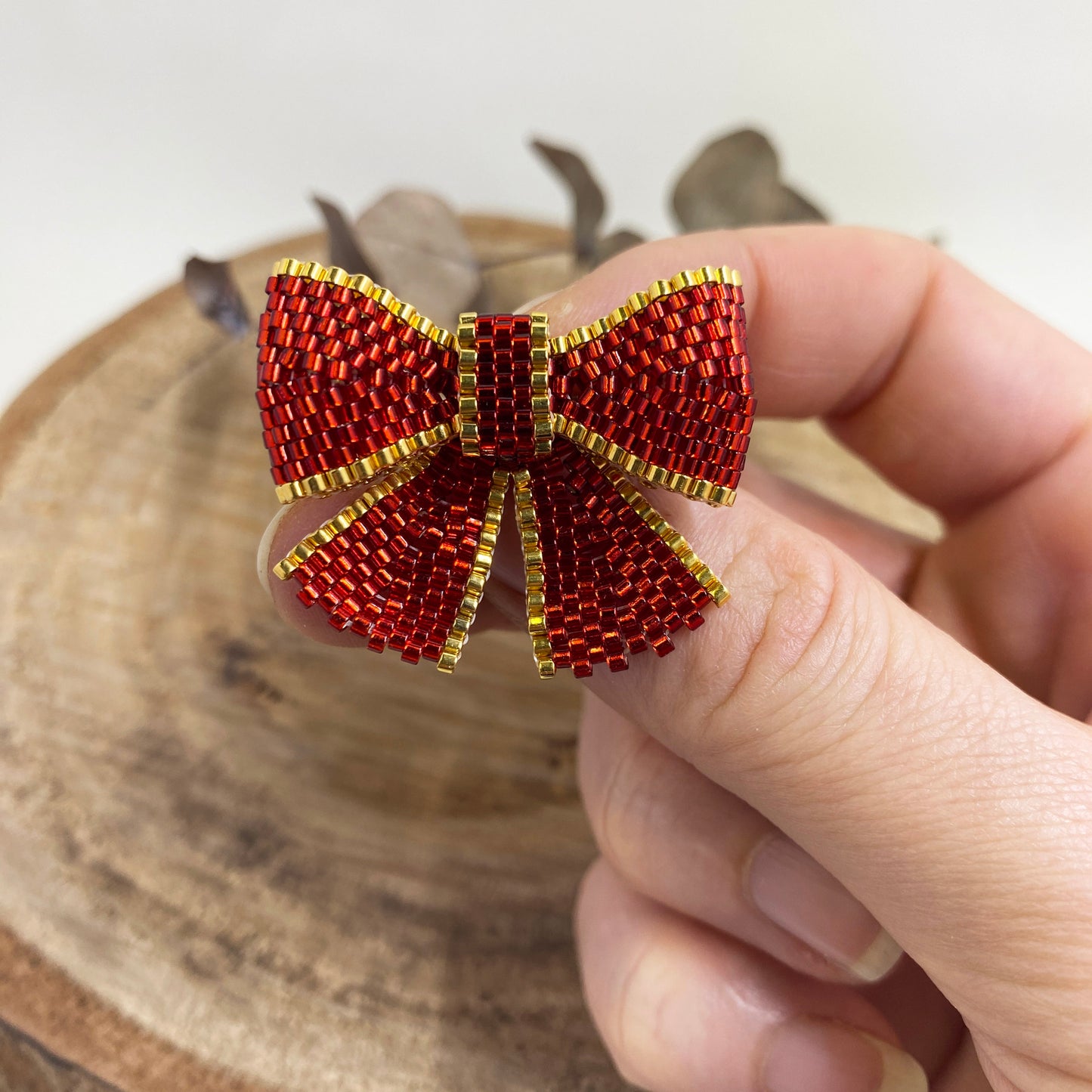 Red Bow Beaded Brooch