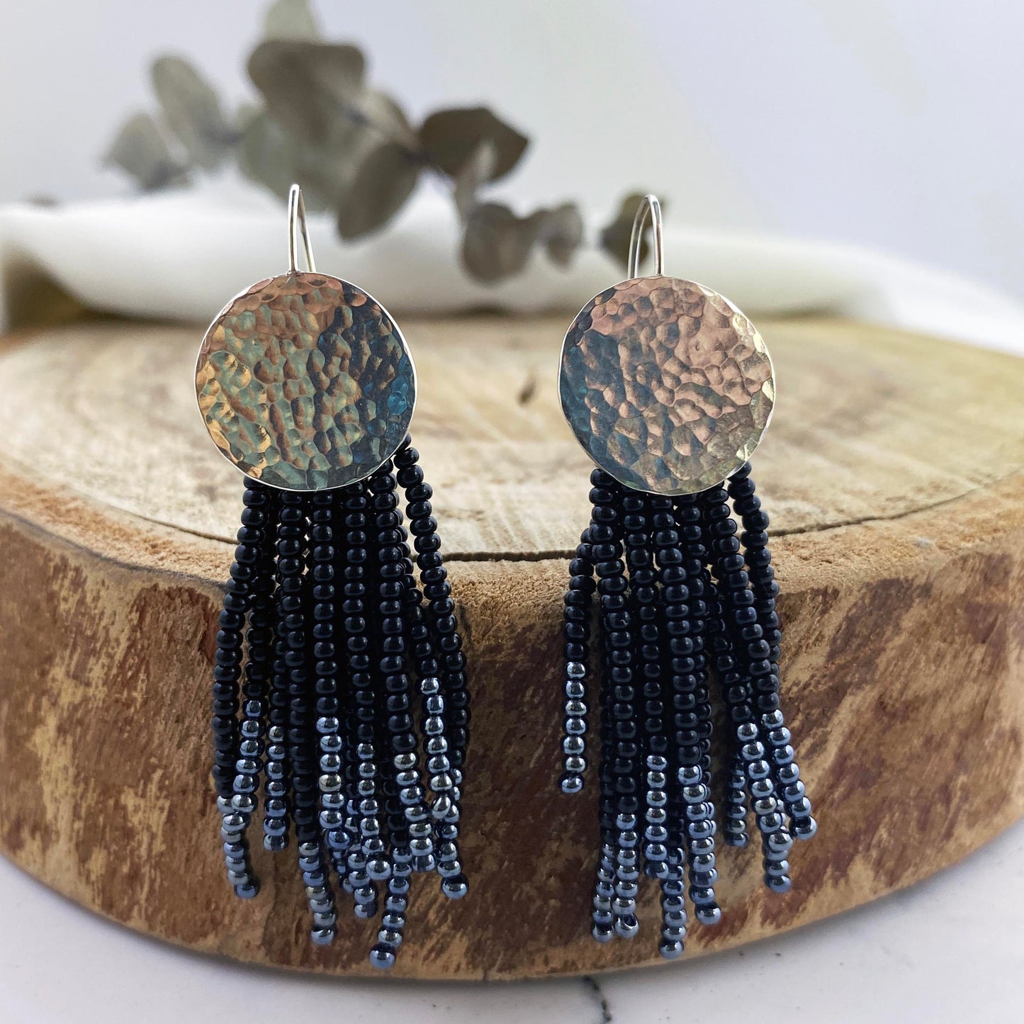 Silver Circle with Black Beaded Fringe Earrings