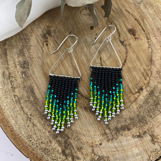 Silver Triangle with Black & Green Beaded Fringe Earrings