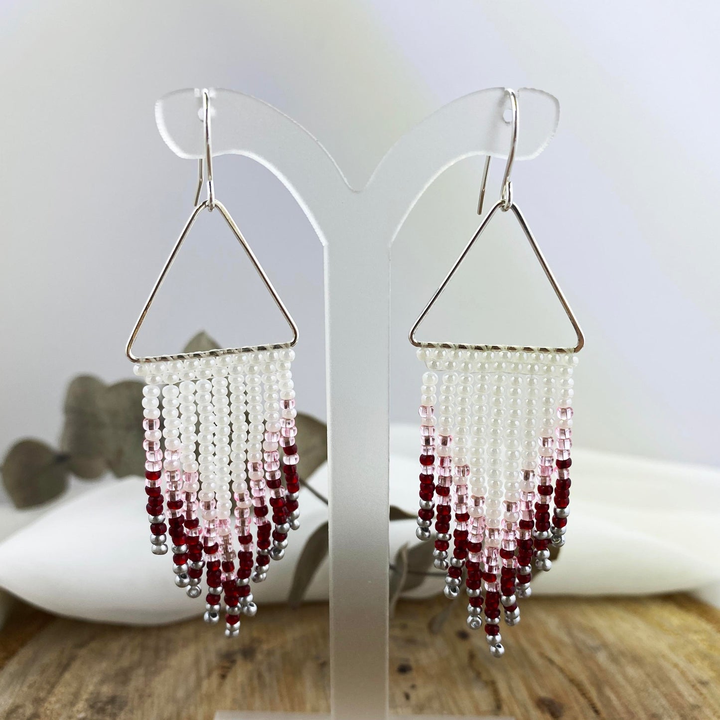 Silver Triangle with White, Pink & Red Beaded Fringe Earrings