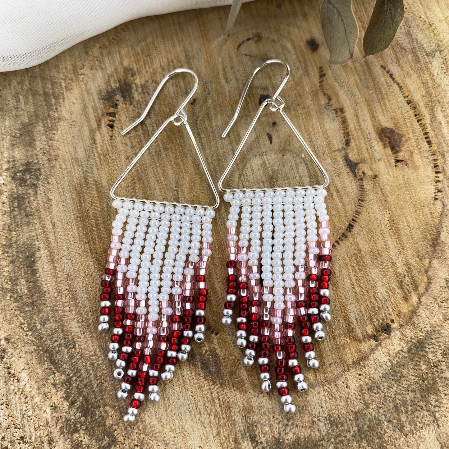 Silver Triangle with White, Pink & Red Beaded Fringe Earrings