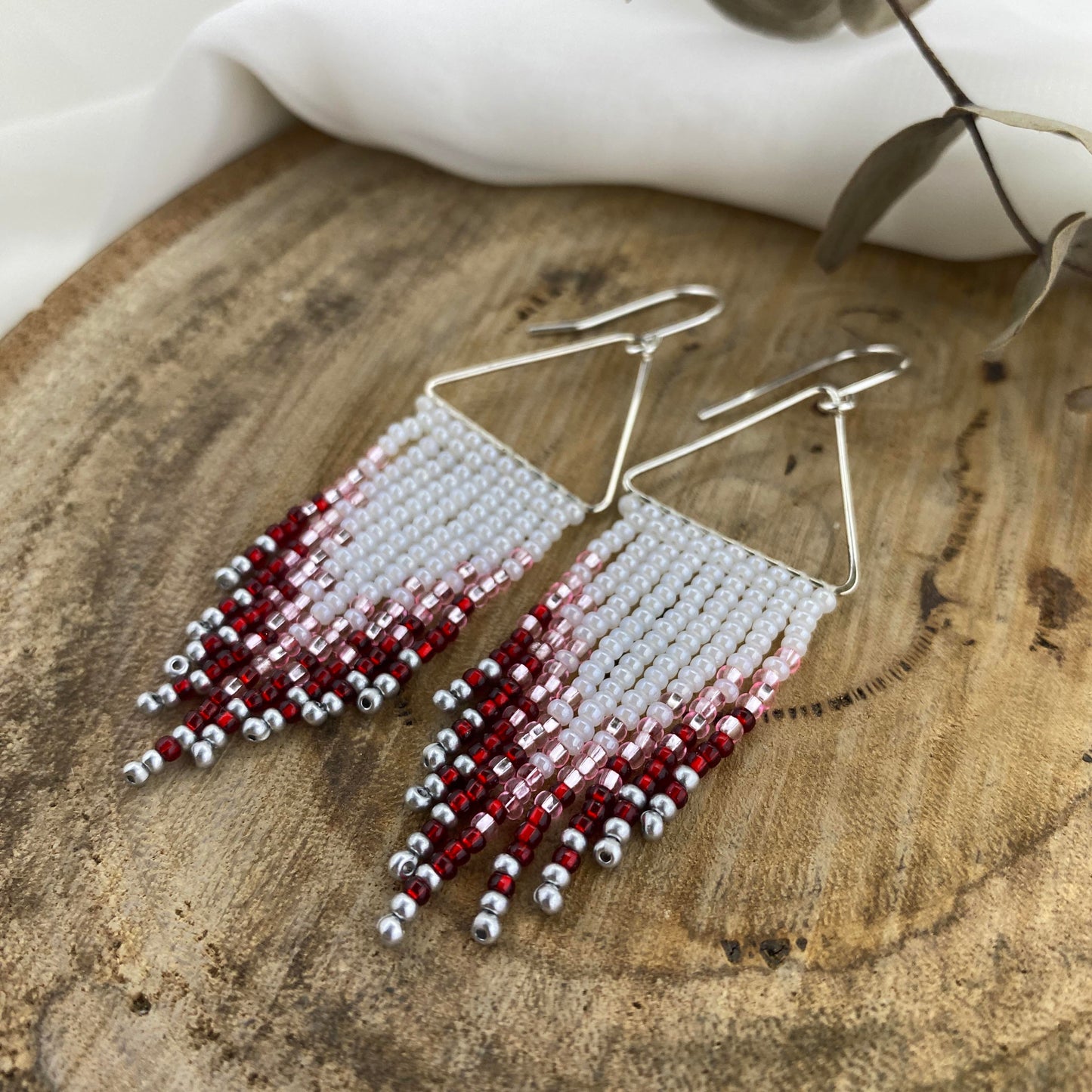 Silver Triangle with White, Pink & Red Beaded Fringe Earrings