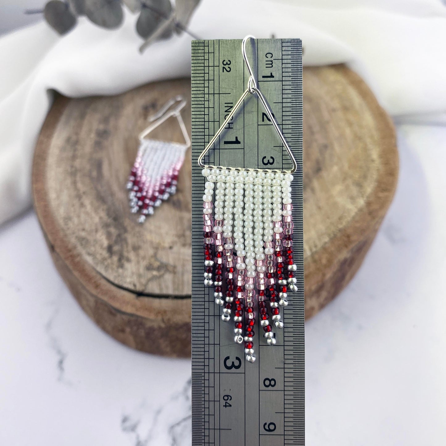 Silver Triangle with White, Pink & Red Beaded Fringe Earrings