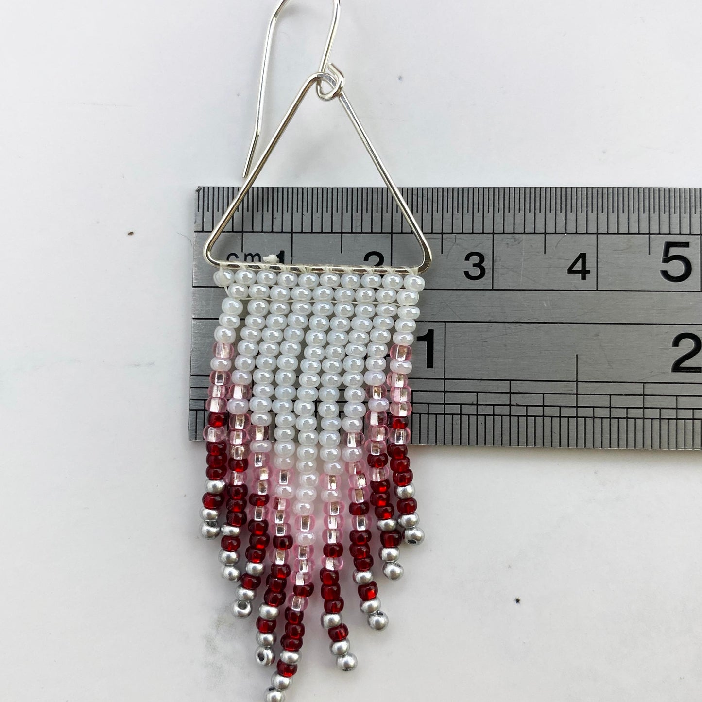 Silver Triangle with White, Pink & Red Beaded Fringe Earrings
