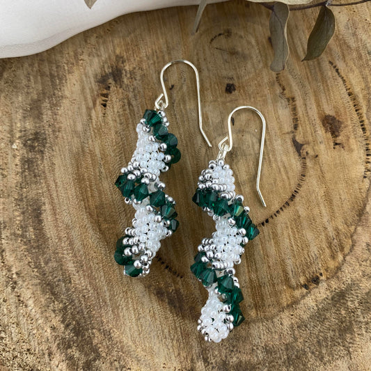 Spiral Beaded Earrings - Green, Silver & White