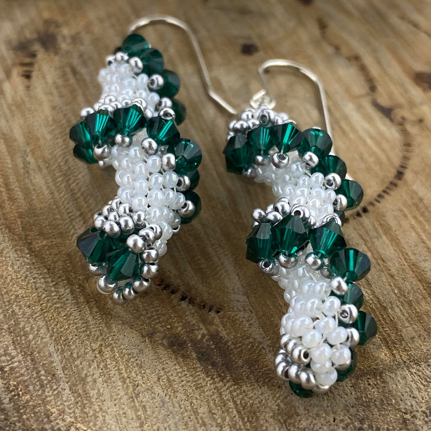 Spiral Beaded Earrings - Green, Silver & White