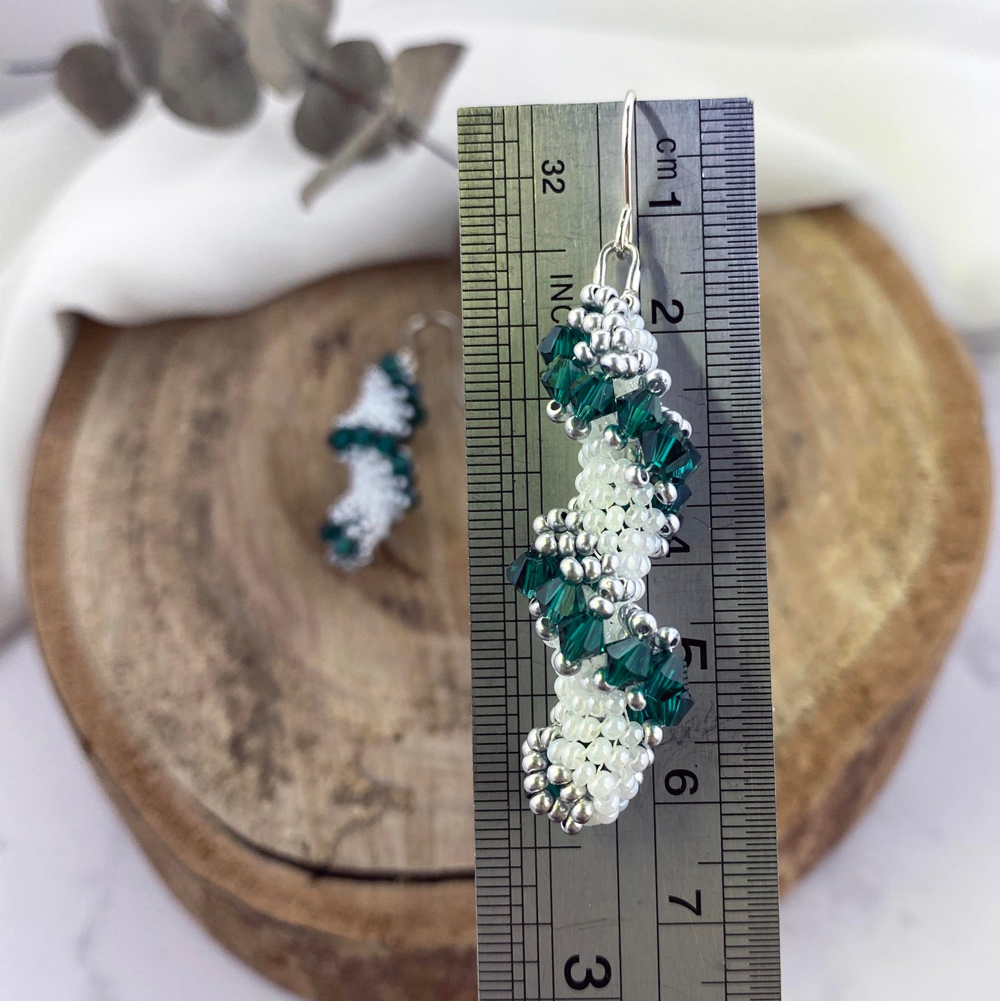 Spiral Beaded Earrings - Green, Silver & White