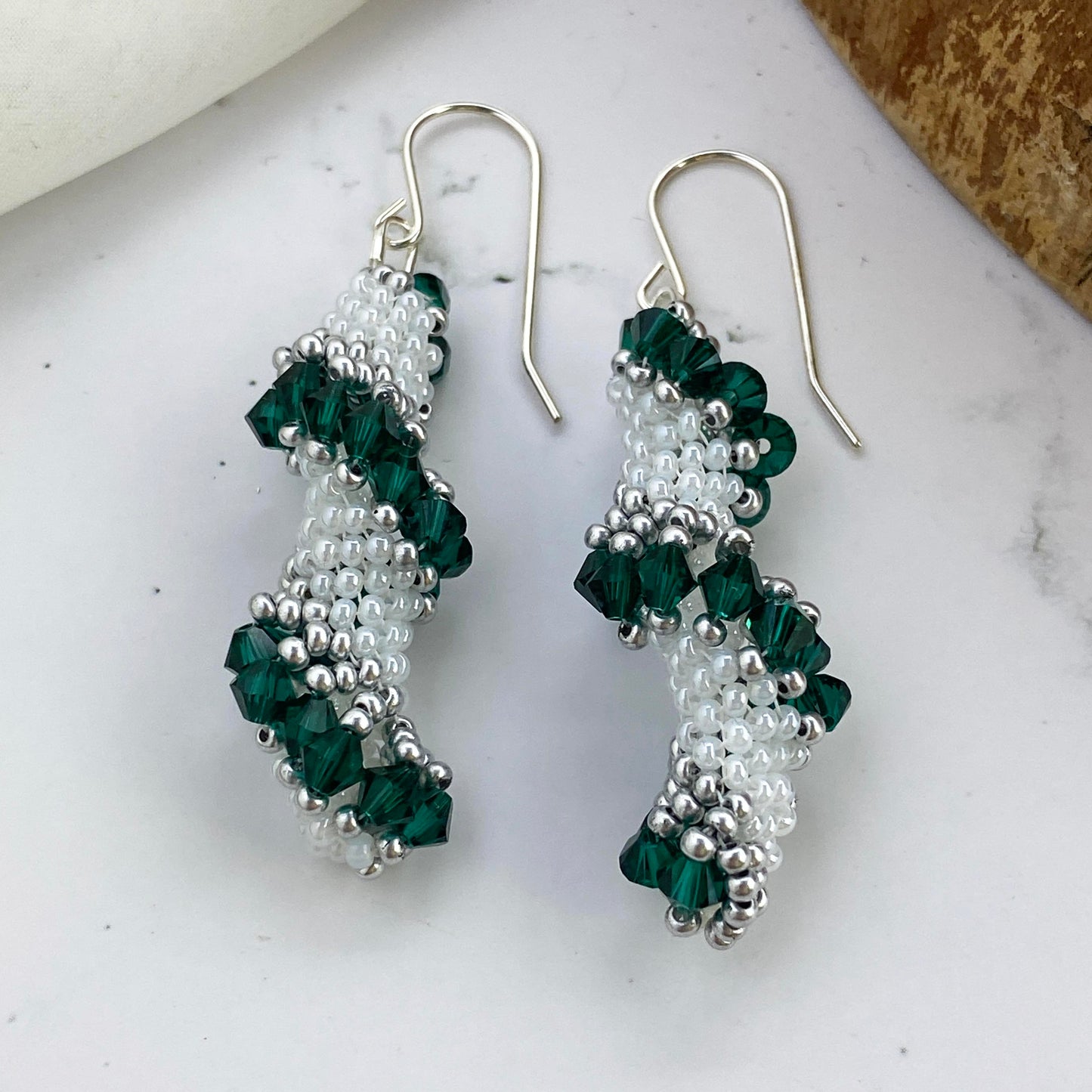 Spiral Beaded Earrings - Green, Silver & White