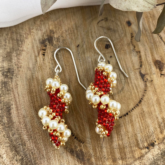 Spiral Beaded Earrings - Red & White