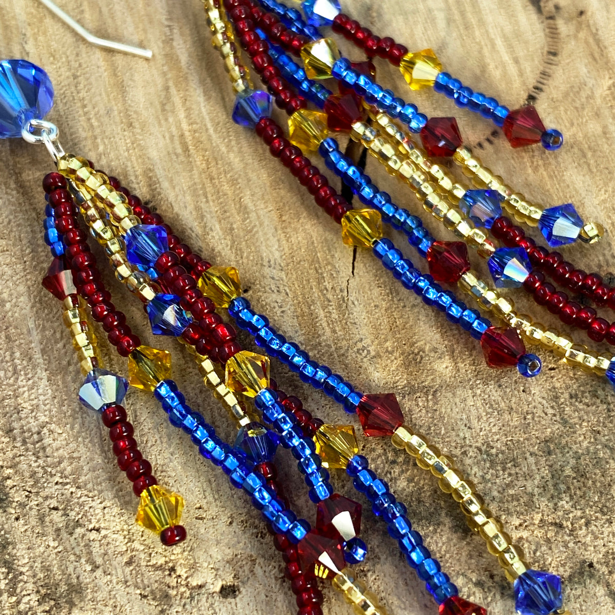 Blue, Red & Yellow Fringe Dangle Earrings