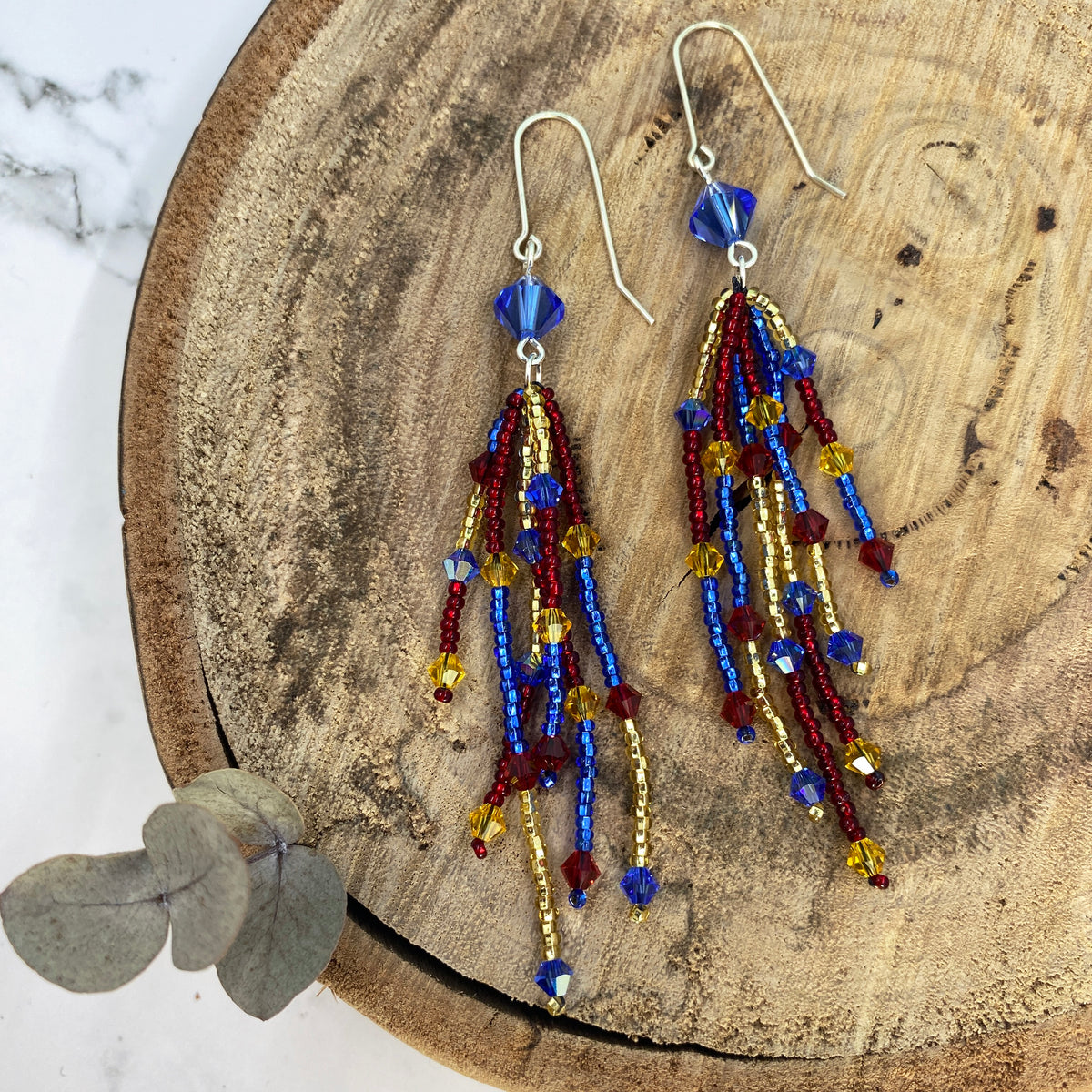 Blue, Red & Yellow Fringe Dangle Earrings
