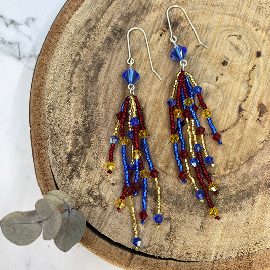 Blue, Red & Yellow Fringe Dangle Earrings