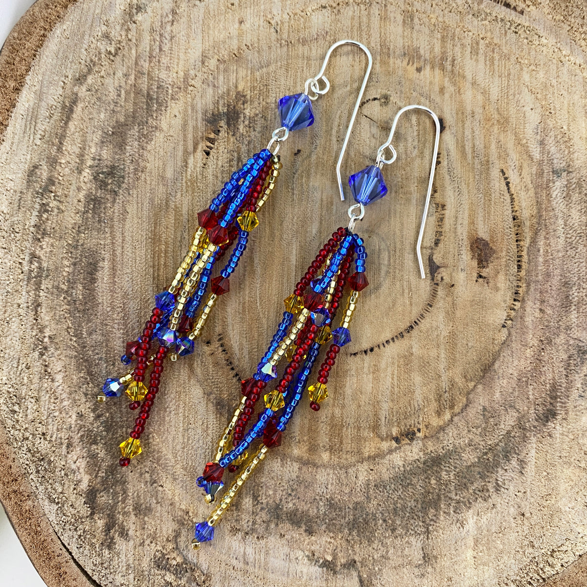 Blue, Red & Yellow Fringe Dangle Earrings
