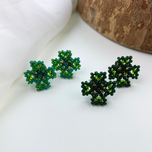 Beaded Green Clover Stud Earrings