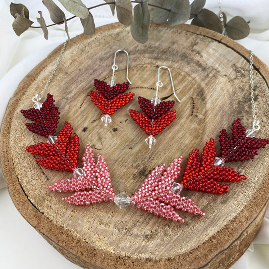 Red & Pink Beaded Chevron Necklace & Earrings Set
