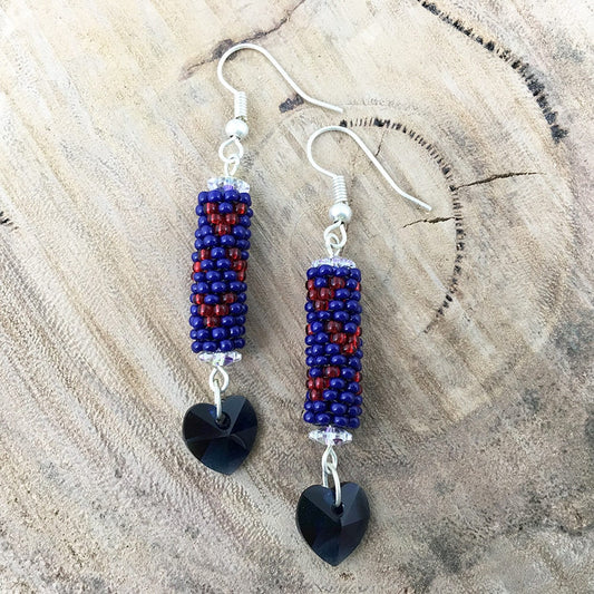 Beaded dangle earrings - Blue, red hearts, purple diagonal stripes with heart crystals