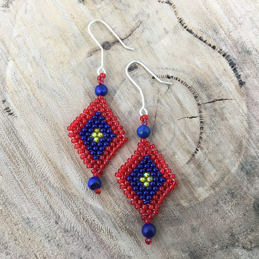Beaded dangle earrings in red, blue and yellow
