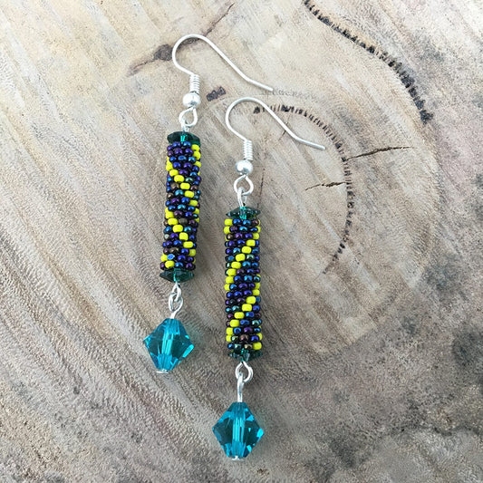 Beaded Striped Earrings - blue metallic, yellow, red, purple metallic