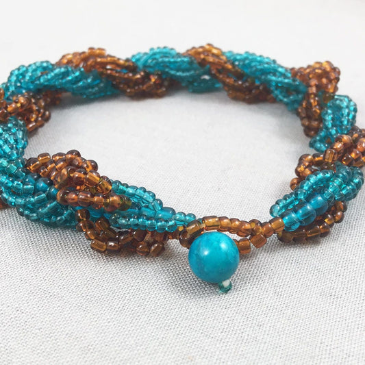 Aqua and brown spiral beaded bracelet