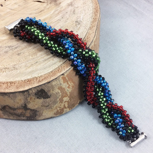 Black, Red, Green and Blue Chunky Braided Beaded Bracelet