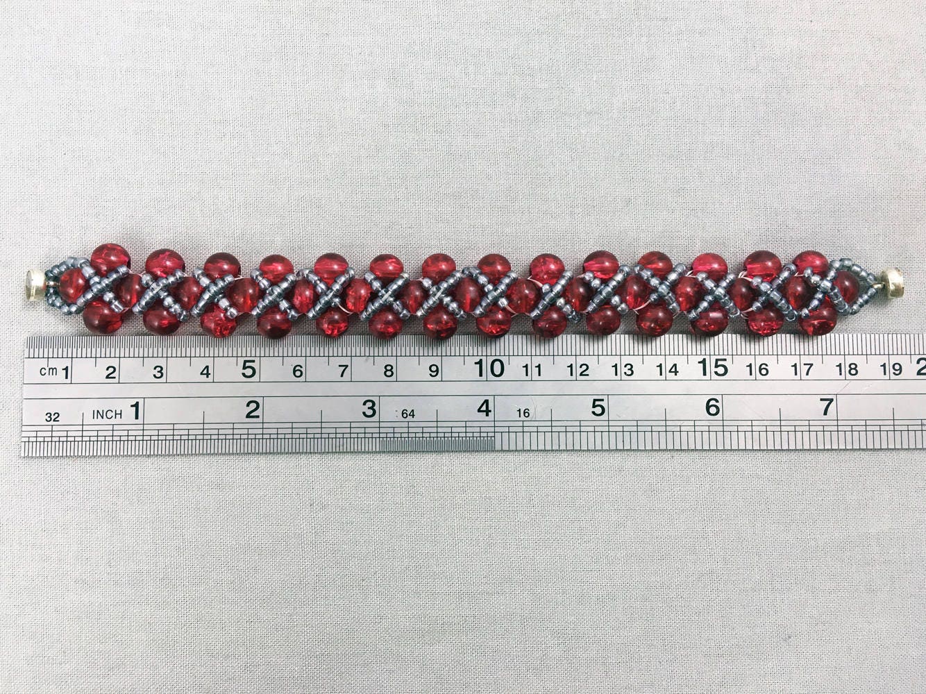 Red Glass Beaded Bracelet with Silver Beads Criss Cross