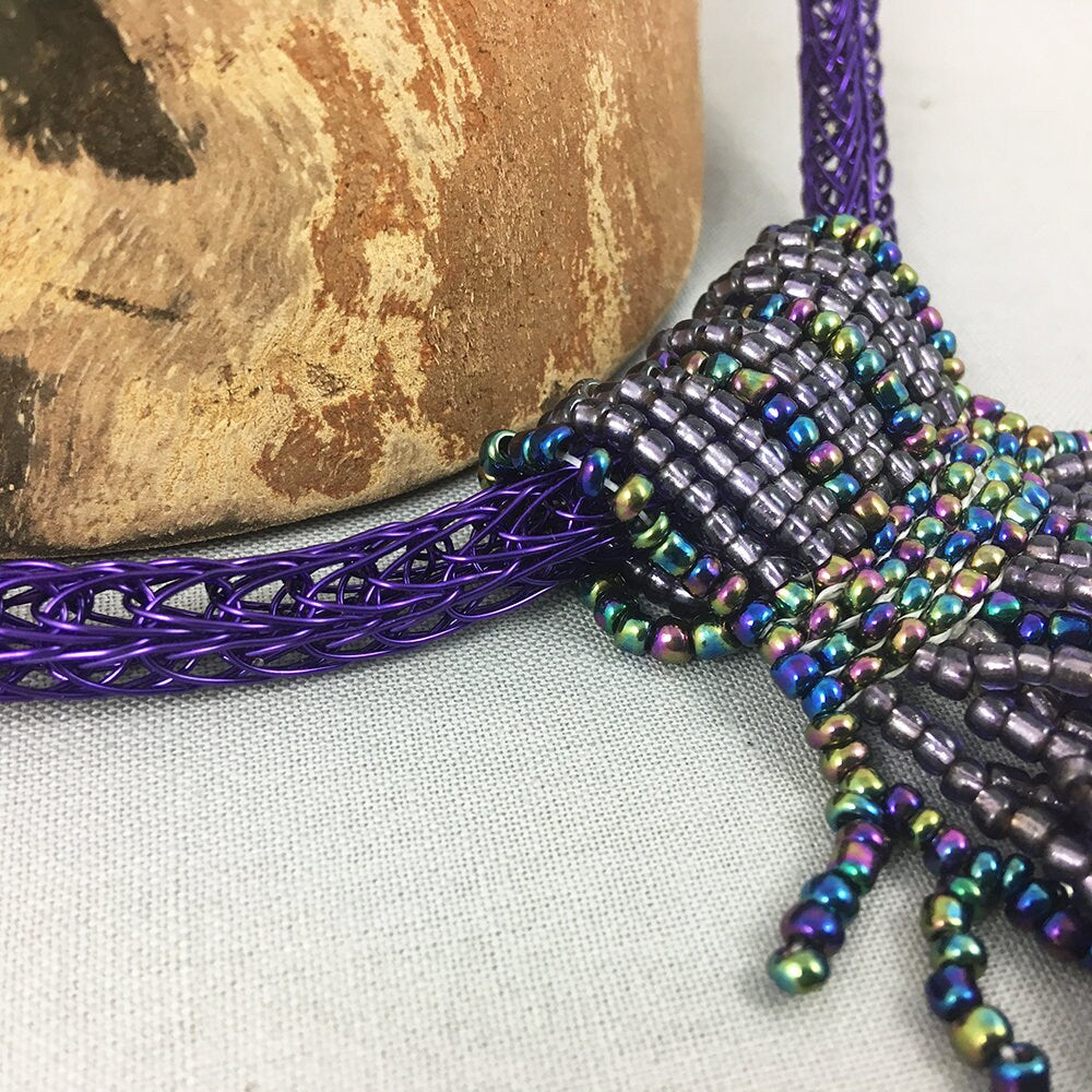 Purple Beaded Necklace with viking knitted purple wire necklace Designs by Leisha