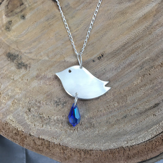 Silver Bird Pendant with Blue Crystal Teardrop