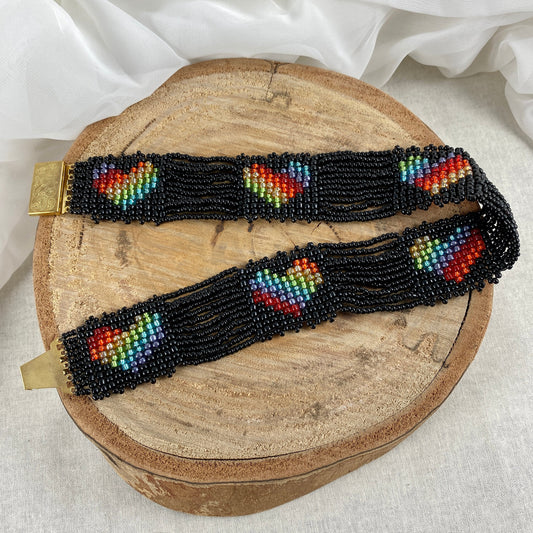 Black & Rainbow Heart Beaded Choker Necklace