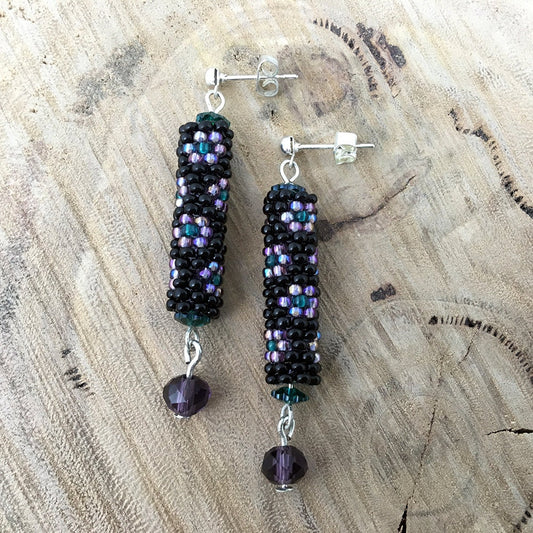 Beaded tube earrings with flowers - green, black, purple