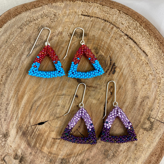 Beaded Triangle Dangle Earrings in Blue/Red or Purple
