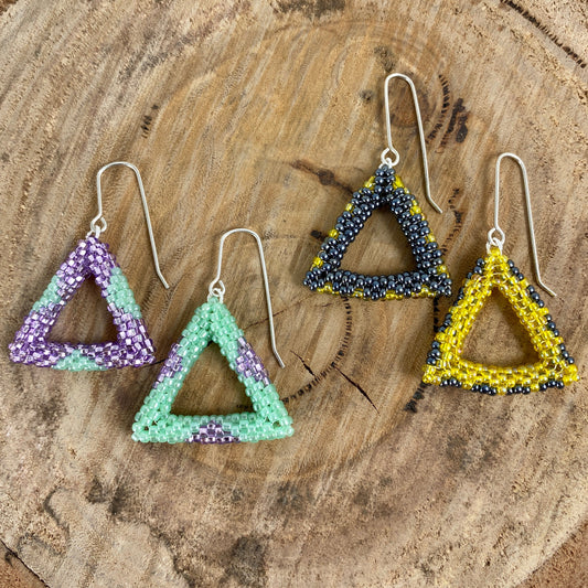 Beaded Triangle Dangle Earrings in Green/Purple or Grey/Yellow