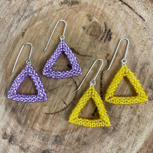 Beaded Triangle Dangle Earrings in Purple or Yellow