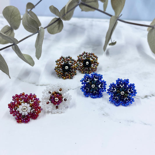 Beaded Flower Stud Earrings - red, white, brown, copper, blue